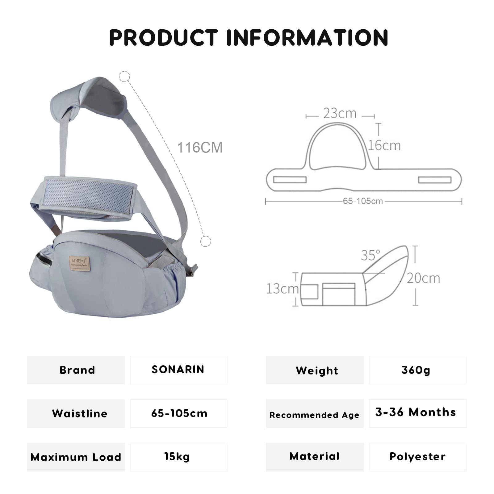 SONARIN Multifunzionale Traspirante Hipseat Marsupio,Ergonomico Marsupio Neonati Supporto del Sedile Portantina Bebè Seggiolino con Cintura di Sicurezza & Tracolla per 3-36 Mesi(Grigio)