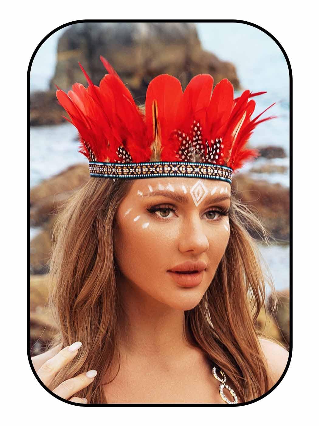 GENBREE Red Feather Headpiece Indian Costume Headdress Carnival Crown Headband for Women