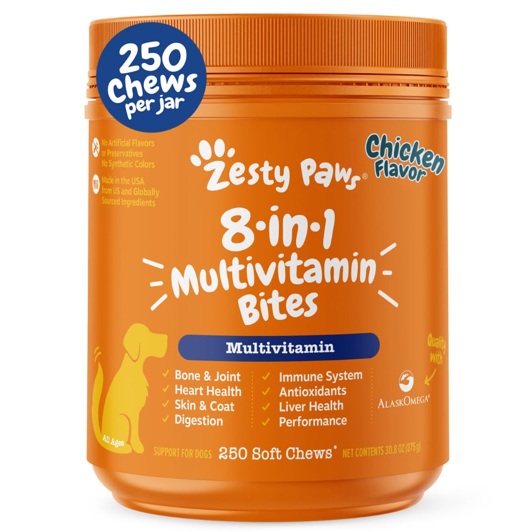 Zesty Paws Dog Multivitamin, Chewable Dog Vitamins and Supplements for Hip & Joints, Skin & Coat, Omega 3 Fish Oil for Dogs- Senior & Puppy Multivitamin - Chicken- 250ct