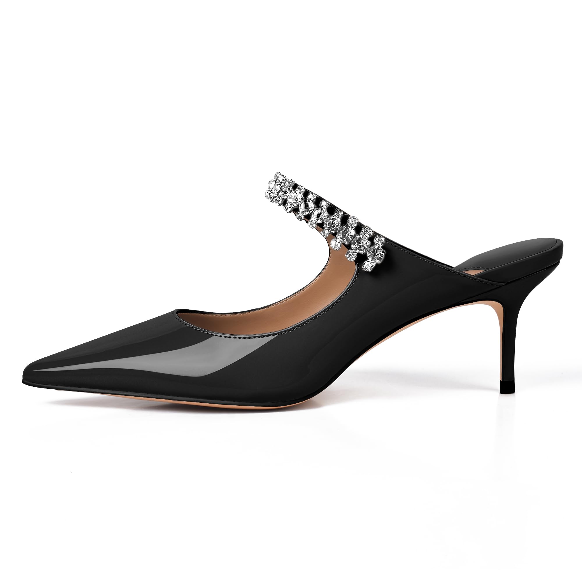 XINIUNIU Heeled Mules for Women Rhinestone Heels Pointed Toe Slip On 2.5 Inch Kitten Stiletto Closed Toe Sandals Dress Wedding Pump Shoes