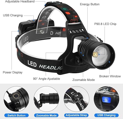 Miniatura 3 de Linterna frontal LED recargable, 100000 lúmenes para adultos, recargable, lámpara de cabeza súper brillante con 2 x 3 modos de iluminación, linterna