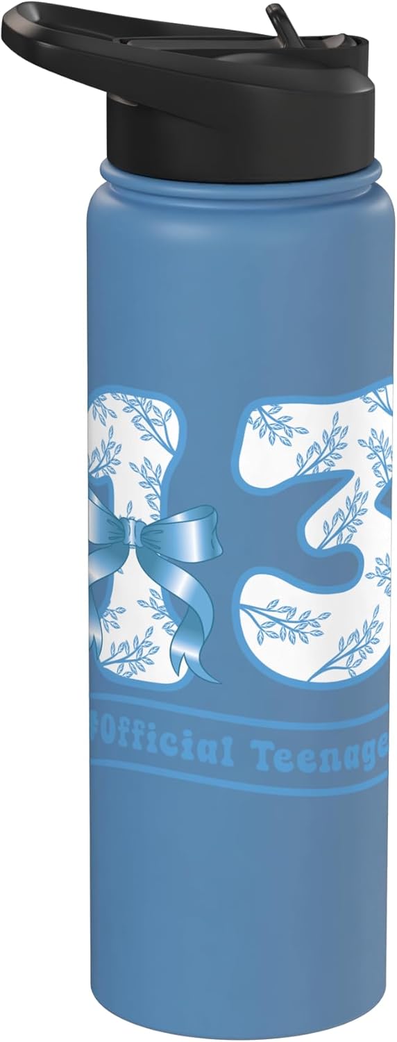 13th Birthday Girl Coquette Bow Official Teenager Blue Toile Stainless Steel Insulated Water Bottle