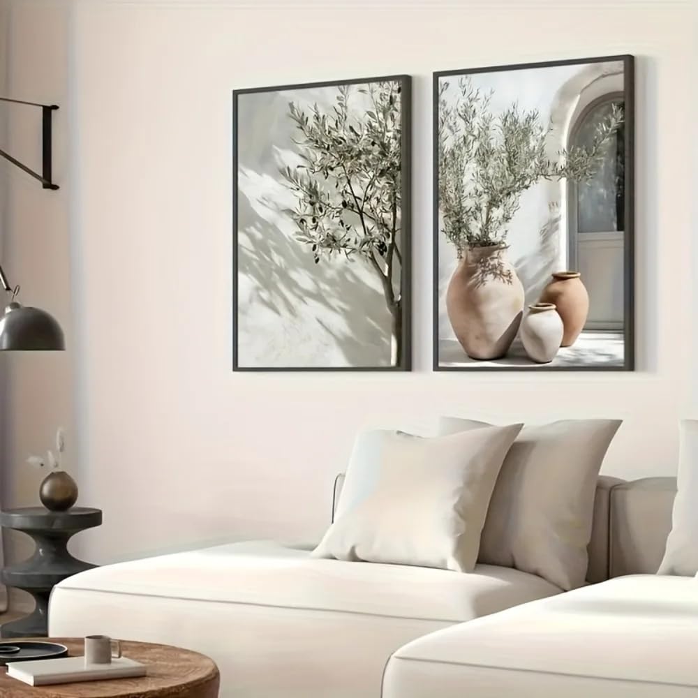 Ltjiajuypd Frameless Canvas Prints Olive Tree Shadow Vase Wall Poster Printing,Mediterranean Plants Neutral Plant Landscape(60X90cm-2Pcs)