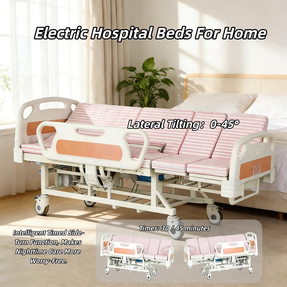 Letto ospedaliero elettrico per uso domestico con inclinazione laterale, letto medico multifunzione regolabile adatto a diverse tipologie di pazienti, con telecomando e materasso.