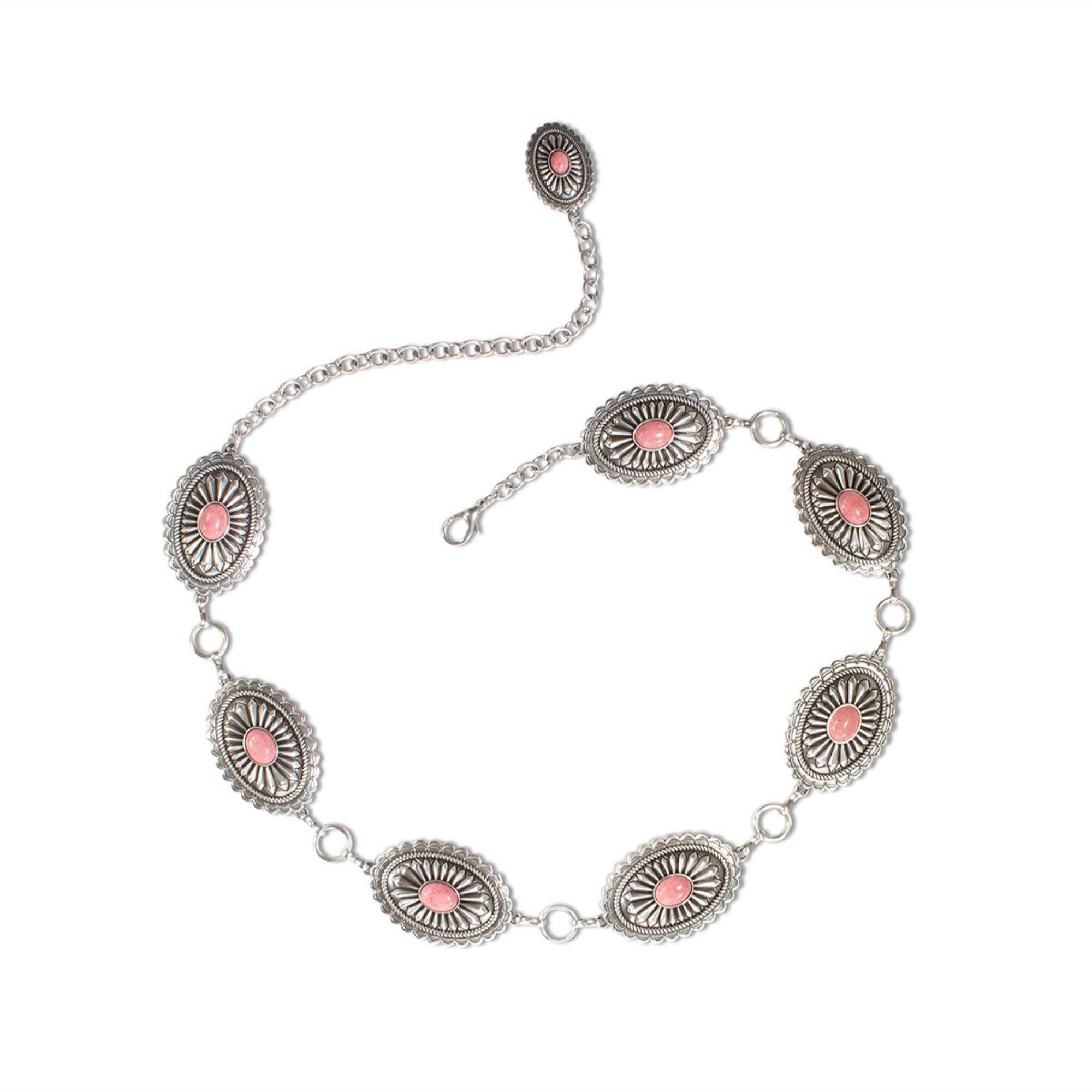 Ariat Ladies Chain Belt - Oval Conchos & Coral Stones w/Lobster Claw Closure, Pink, Medium