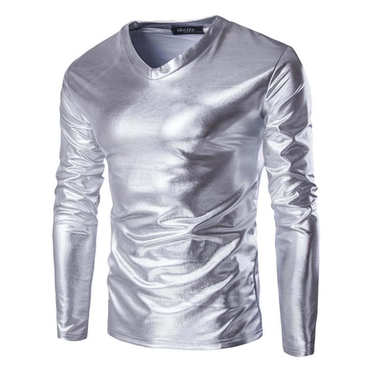 Men's Metallic Shirts, Long Sleeves Shiny Wet Look Tunic Tops for Clubwear, V Neck Solid Leather Look Party Tee Top Blouse T-Shirt, Slim Fit Casual Pullovers for Dance Disco Nightclub Costume Silver