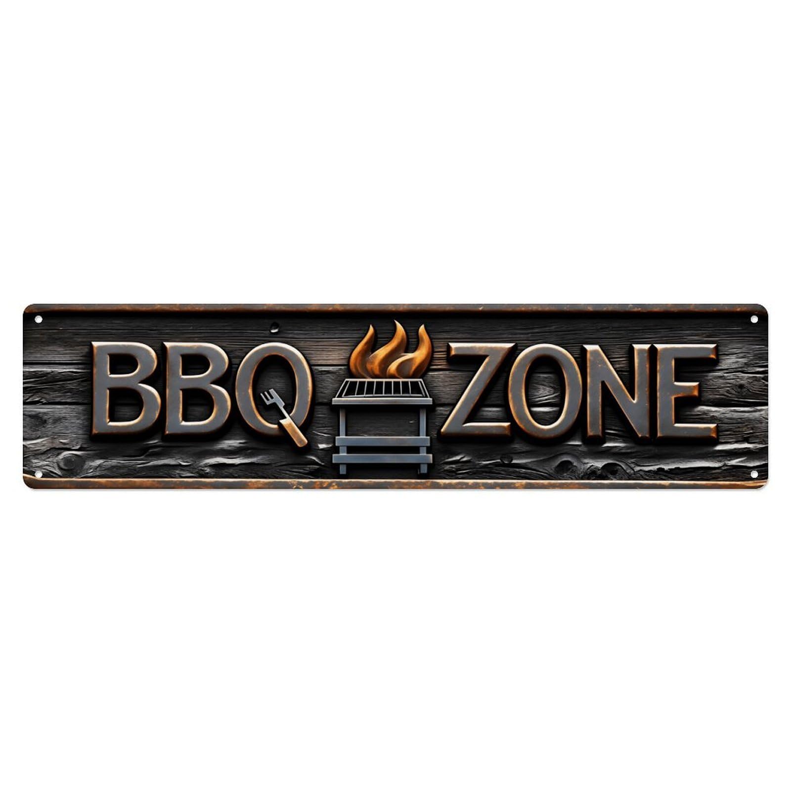 Dark Wood Embossed BBQ Zone Grill Outdoor Long Metal Sign Vintage Aluminium Metal Sign, Retro Wall Decor for Home, Bar, Garage & Farmhouse 10 * 40cm