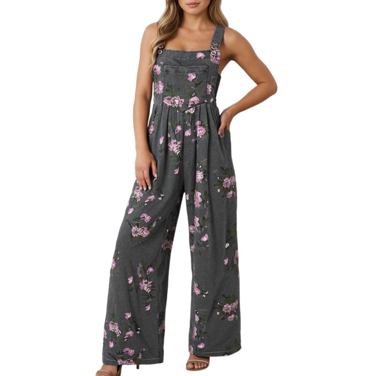 Damen Jumpsuit Sommer, Playsuit Damen Kurz, Jeans Jumpsuit mit Blumenmuster In Übergröße für Lässigen Ärmellosen Overall Spielanzug mit Bequemer Passform Und Stilvollem Design