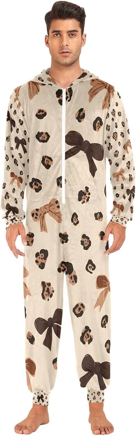 Leopard Print Cheetah Bow Pattern Unisex Adult Onesie Pajamas Comfy One Piece Costume Jumpsuits Novelty Sleepwear Homewear for Men Women