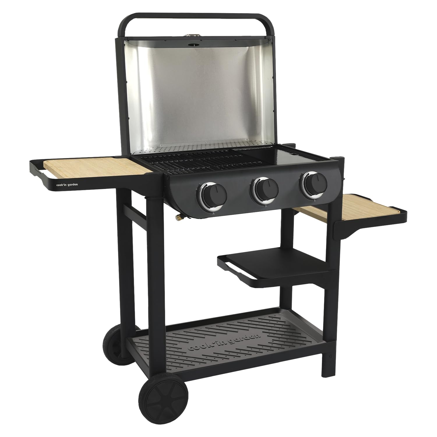 Cook’in Garden - Barbecue Gaz FLAVO 60 sur Chariot, 3 Brûleurs, Fonction Grill et Plancha, Structure Métal, Cuve Acier, Allumage Facile, Capot avec Thermomètre, Idéal Terrasse Extérieur Jardin