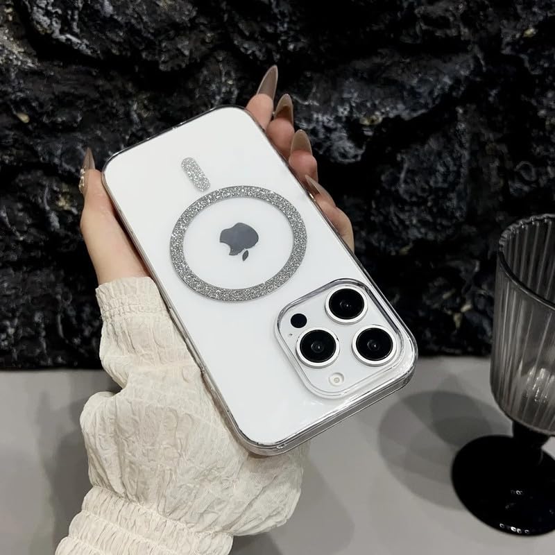 Image of COVERLY Ultra Thin Slim Sleek Hard Transparent Shinny Glitter Magnetic Ring Mag-Safe Case for iPhone 15 Pro Max Shockproof Case PC Clear Bling Spakly Cover