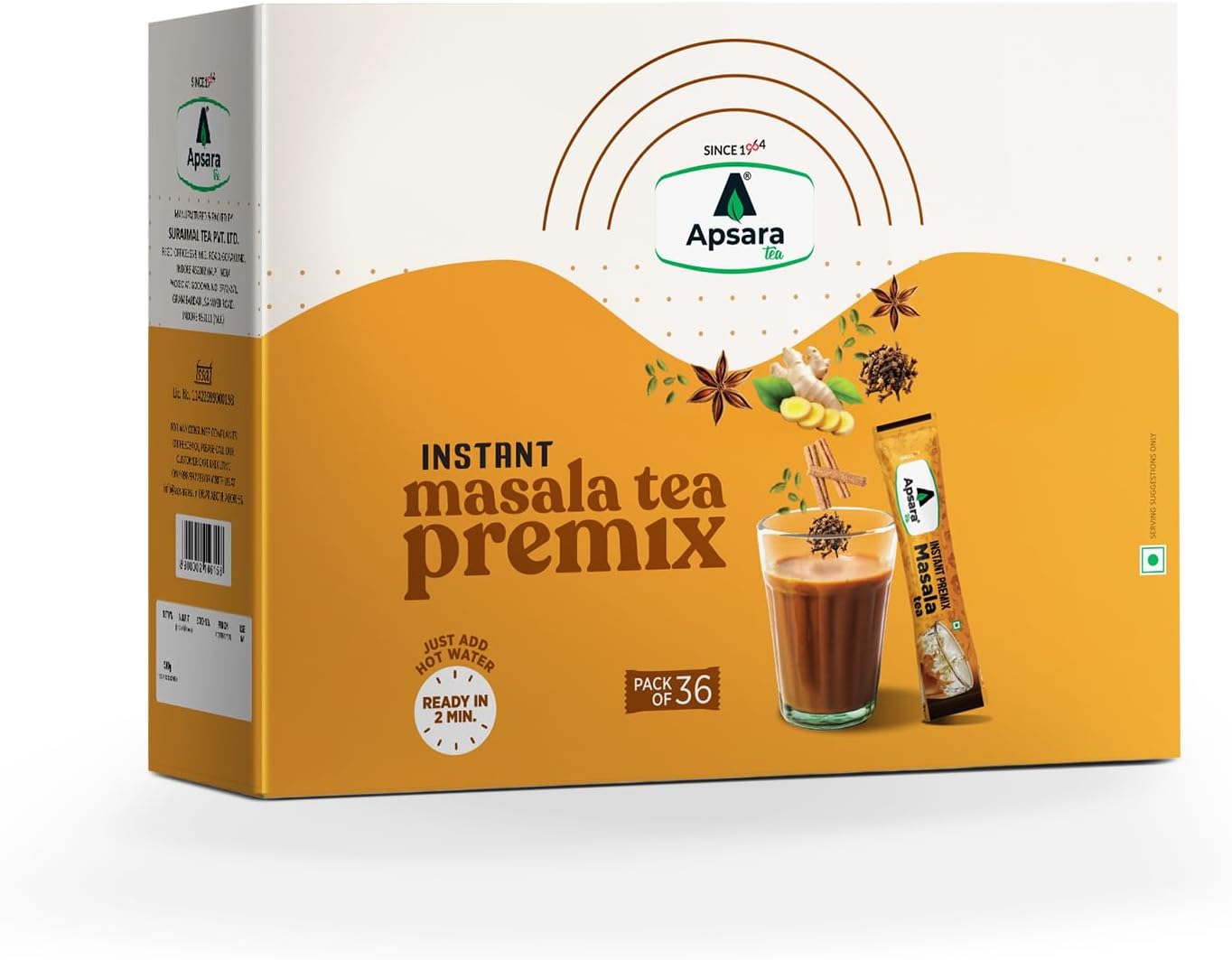 APSARA Instant Tea Premix Masala Chai 36 Sachets | Ready To Drink, Masala Tea Powder | Masala Chai Enriched With 100% Natural Ingredients - Ginger, Cardamom, Black Pepper, Clove, Cinnamon and Nutmeg