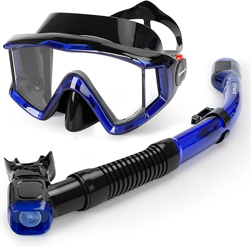 Miniatura 16 de Equipo de esnórquel para adultos, juego de máscara de esnórquel panorámica de 180° antivaho con tubo de esnórquel superior seco, equipo de buceo de
