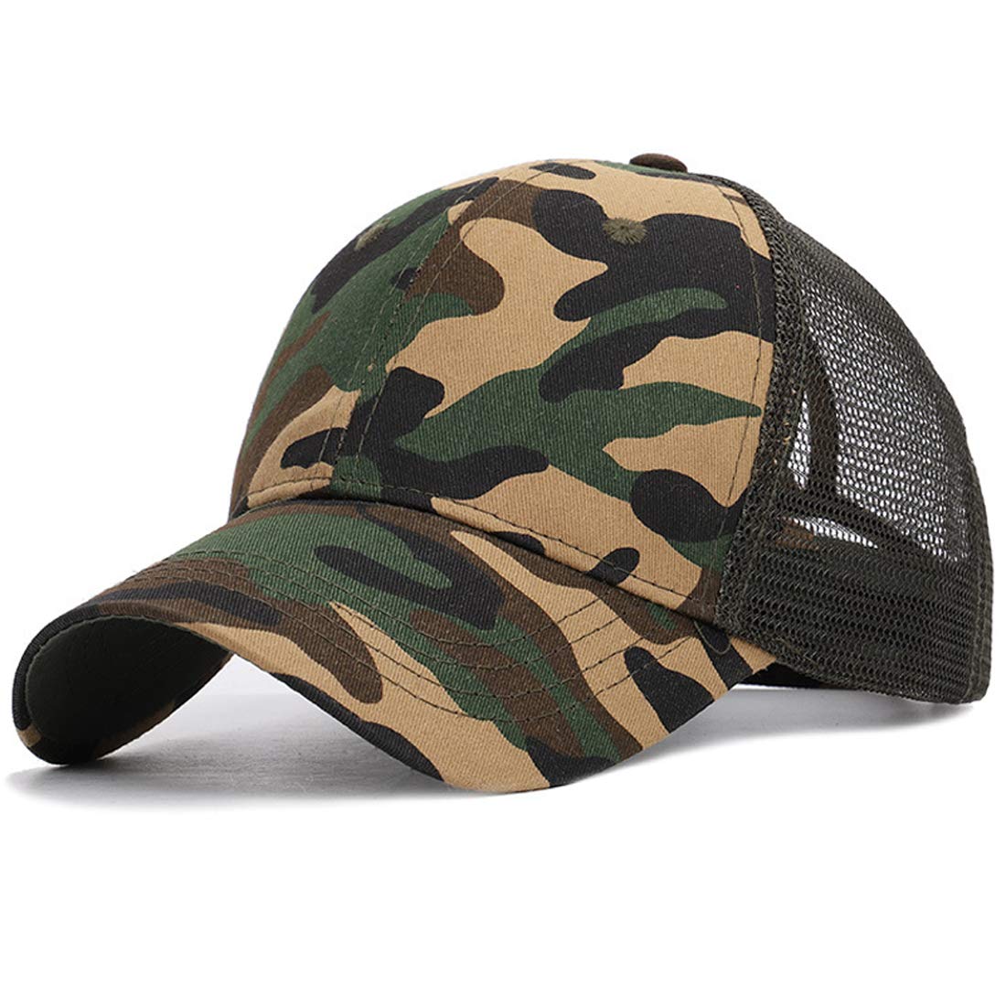 Xrdss Women's Camo Green Ponytail Baseball Hat Messy Bun Mesh Summer Peaked Cap (Camo Green)