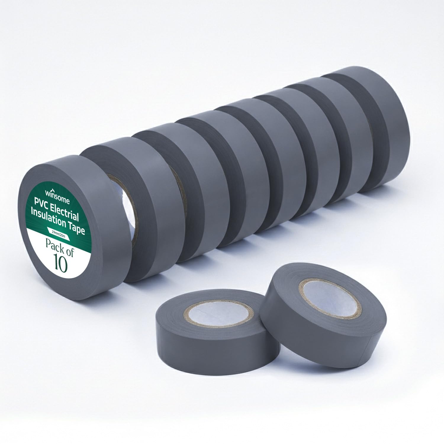 WINSOME Electrical Tape Pack of 10 | 20m X 19mm Waterproof Insulation Tape for Electric Wires & Cables | Strong & Sticky Electrician’s Tape for Preventing Short Circuits (Grey, Pack of 10)