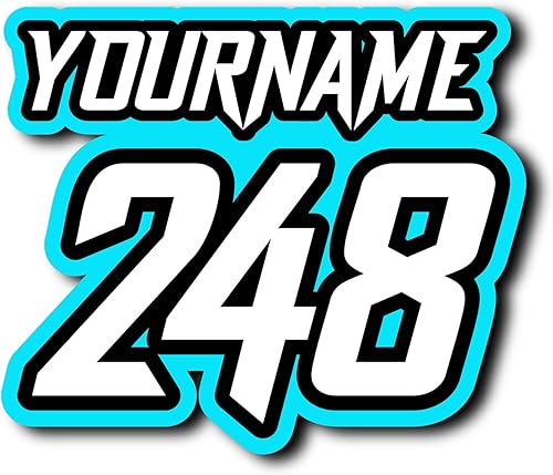 3 calcomanías personalizadas con números y nombre de carreras, impermeables, duraderas, con números de carreras de motocross y texto de 5, 6, 7, 8 y