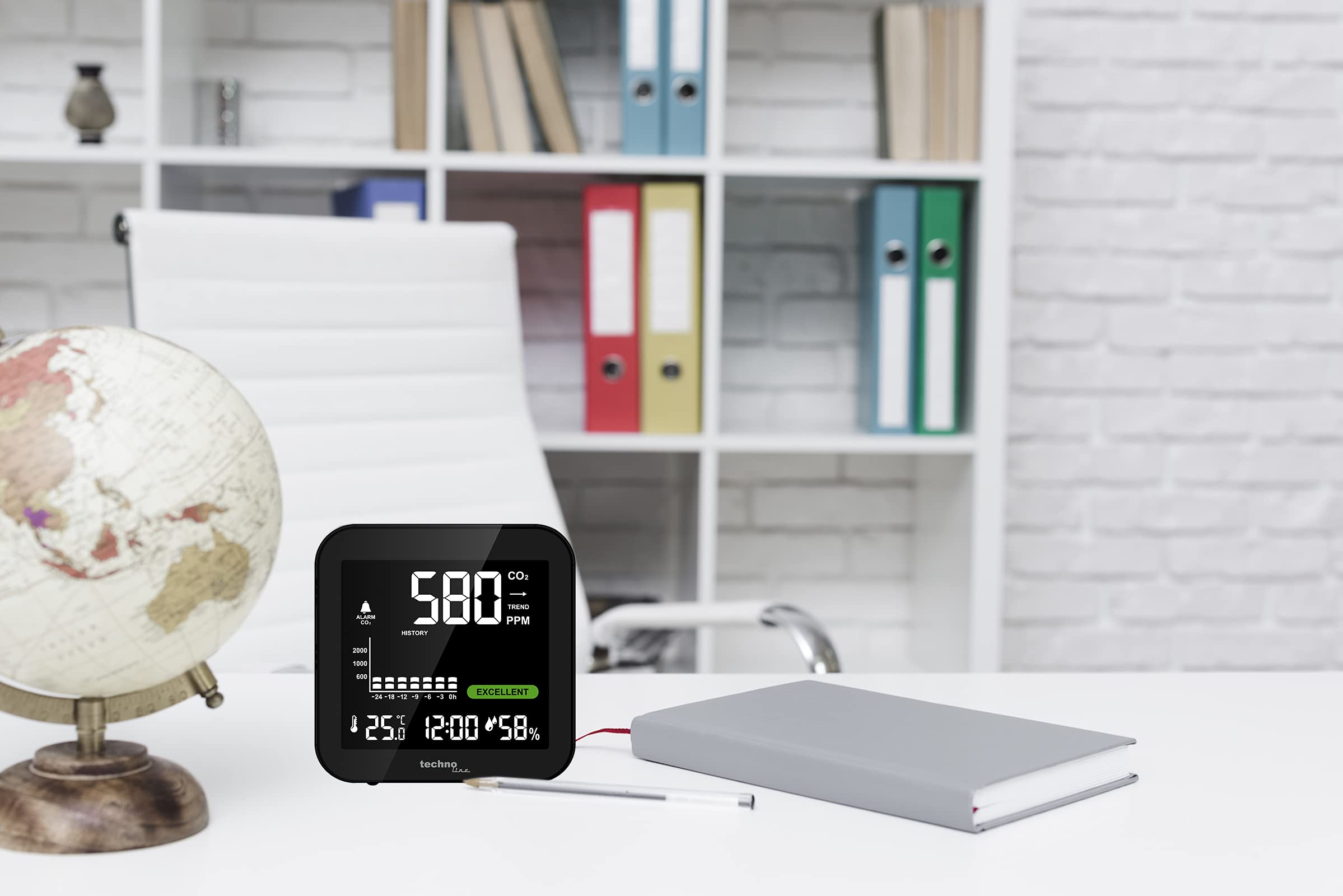 Technoline WL1025 CO₂ Messgerät Luftqualitätsmonitor CO2 Sensor 400-5000 ppm Temperatur Luftfeuchtigkeit 24h Historie CO2 Alarm Akku USB