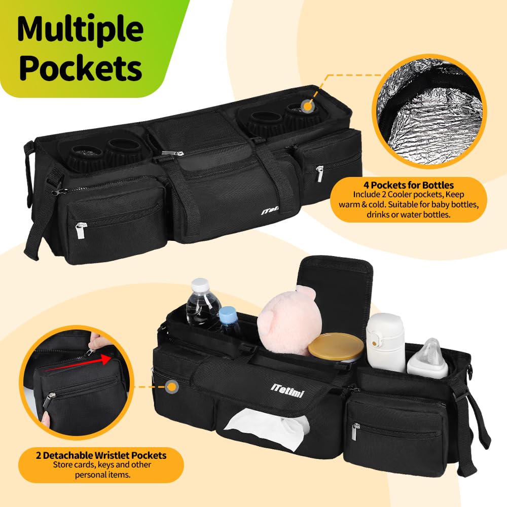 Double Stroller Organizer for Bob Duallie and Baby Jogger City Mini GT2 Stroller, Double Baby Stroller Accessories with Cooler Pockets and Detachable Phone Bags