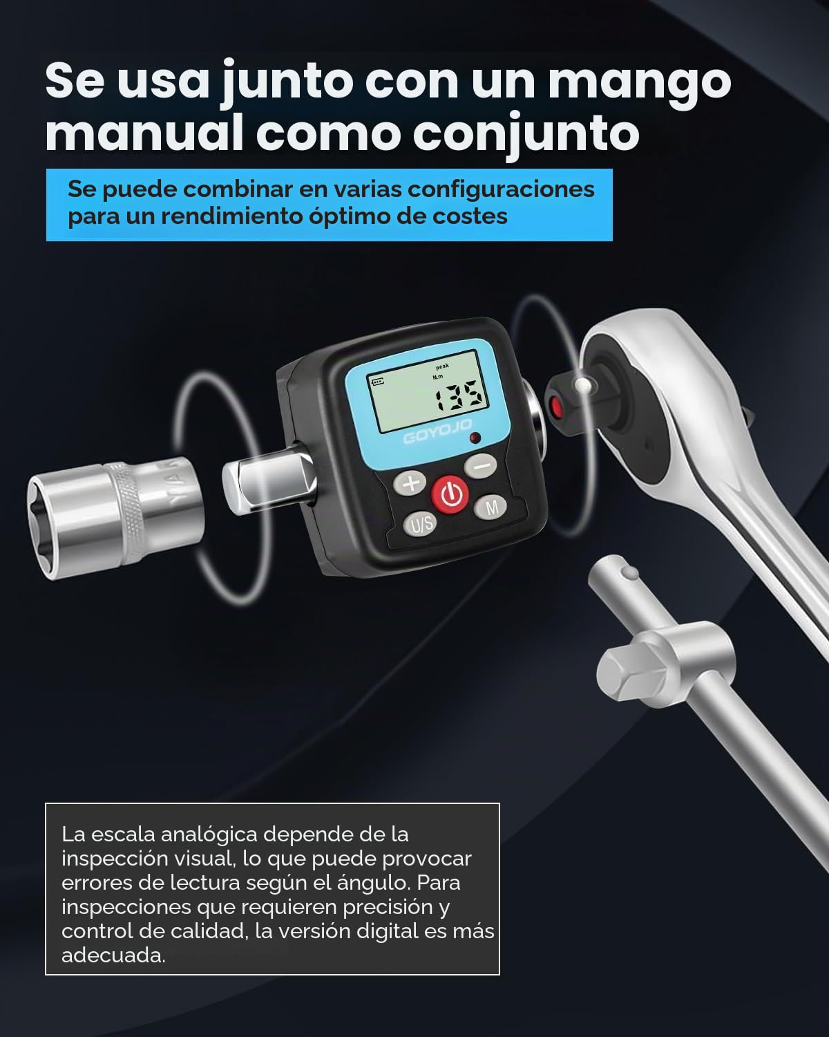 GOYOJO Llave Dinamometrica Digital, 1/2 1/4 3/8 Adaptadores de Alta Precisión 4 Unidades de Torsión Pantalla Retroiluminada Perfecto Para Automóviles Bicicletas Motocicletas y Reparaciones Del Hoga
