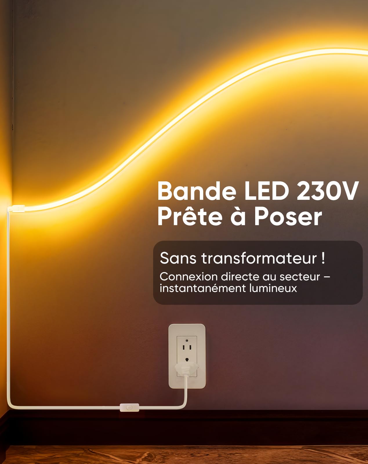 230V COB Ruban LED Extérieur, 240 LEDs IP67 Etanche Autocollant, Bande LED 900LM Sans Transformateur Flexible Découpable pour Chambre, Cuisine, Exterieur Décoration, 2700K Blanc chaud, 5m