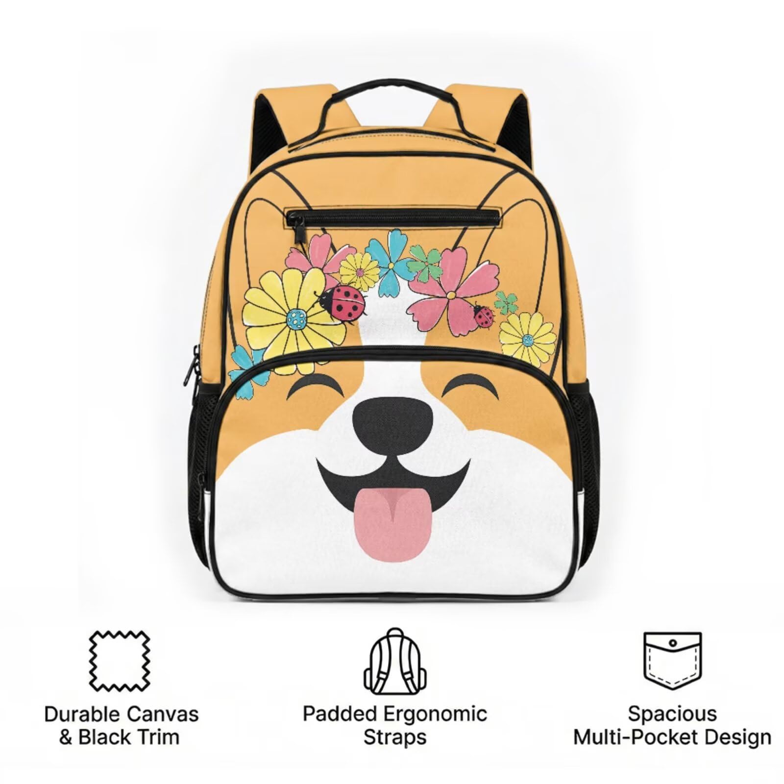 Uroczy plecak kawaii dla dziewcząt szkolnych plecak z pudełkiem na lunch przedszkole przedszkole torba szkolna 2 szt. zestaw toreb na książki, Kwiatowy Corgi, S, Klasyczny