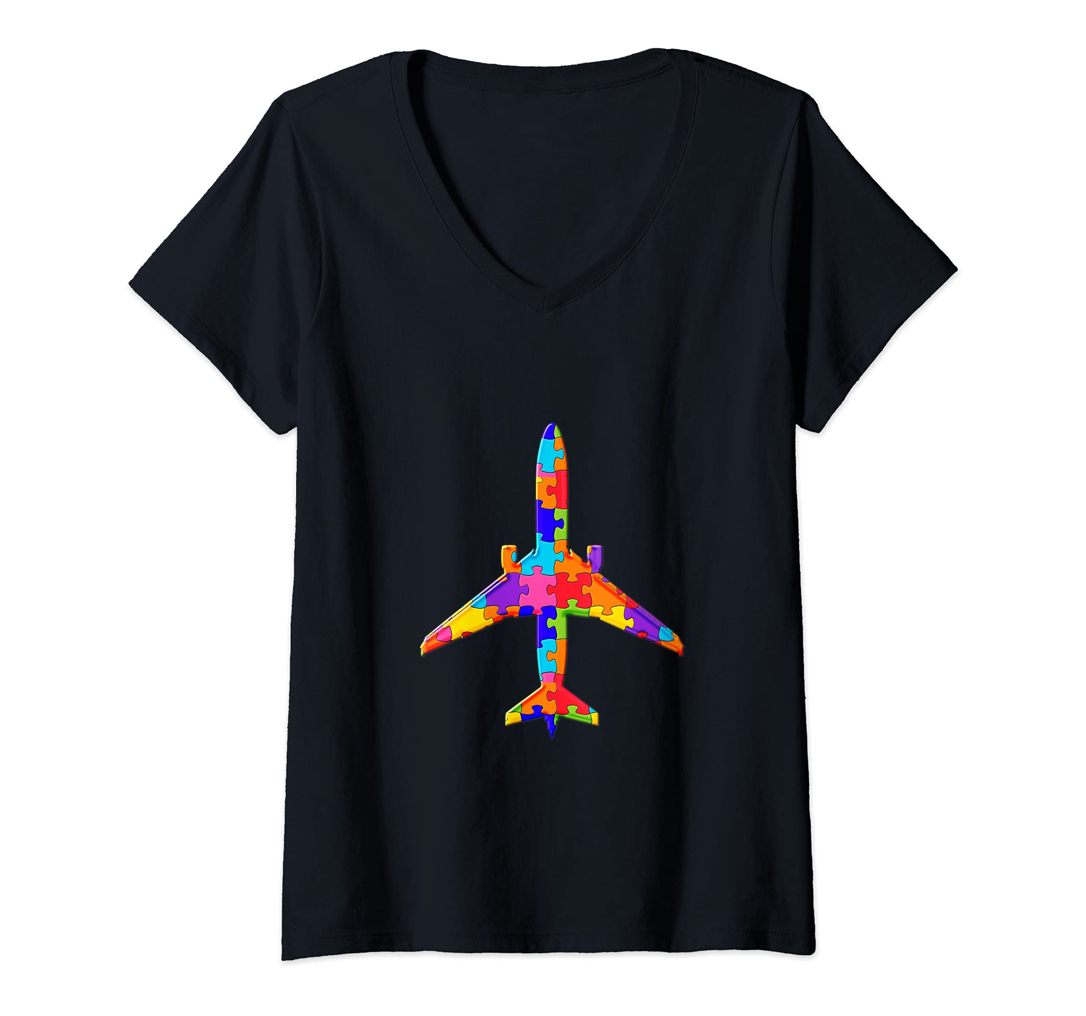 Womens Plane Pilot flight Airplane Jigsaw Autism Puzzle V-Neck T-Shirt
