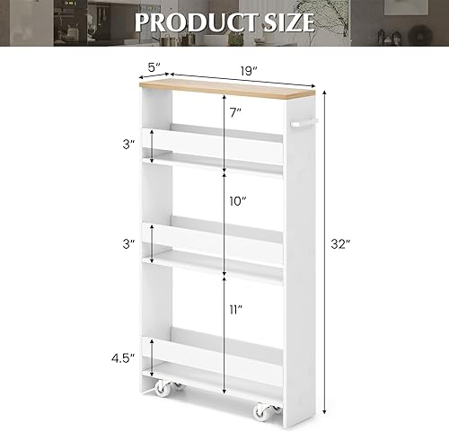 Miniatura 4 de LOKO Carrito de almacenamiento delgado, carrito rodante blanco de 4 niveles con asa y parte superior de madera para cocina, baño, lavandería, sala