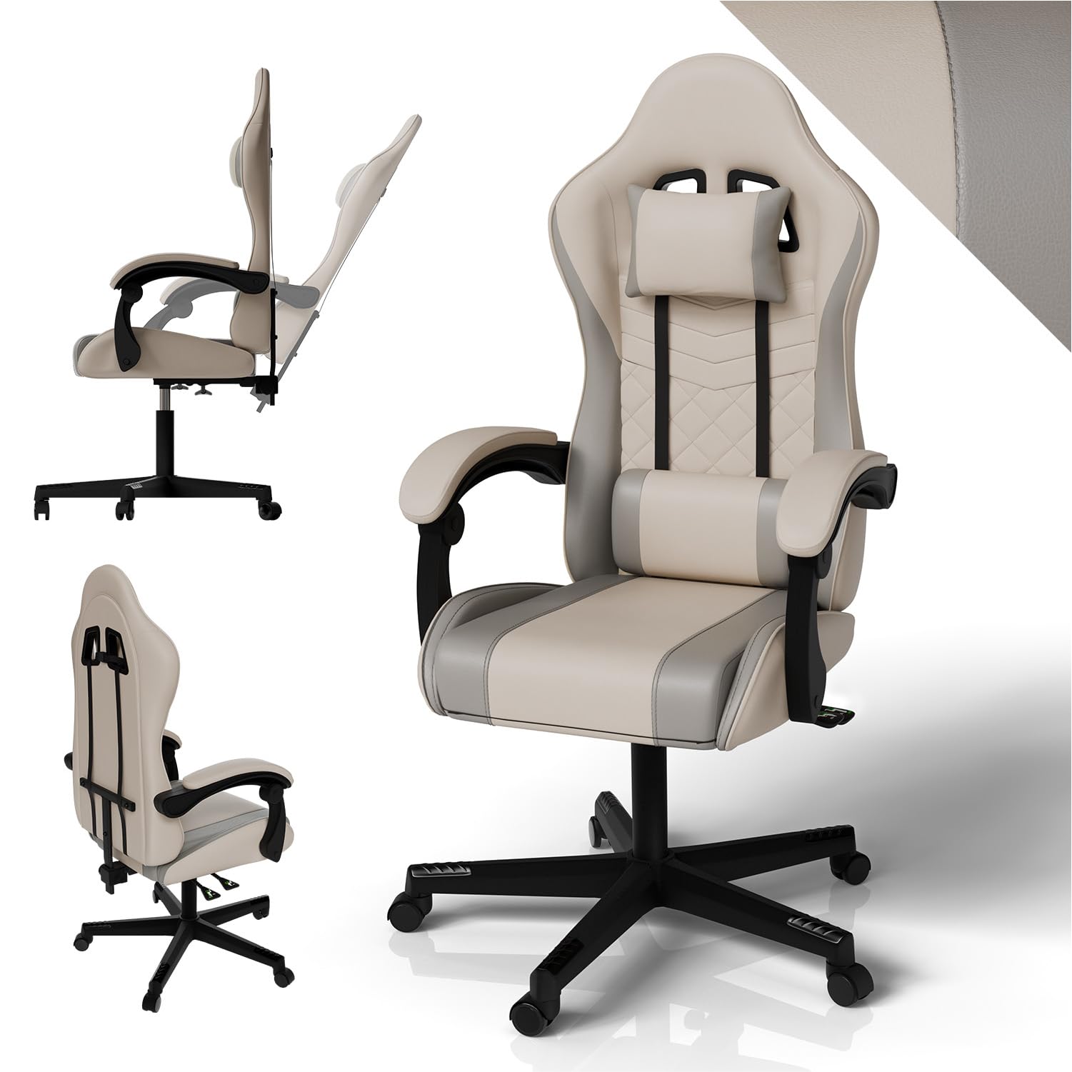 Juskys Sedia da gaming HyperSeat – Regolabile in altezza, schienale reclinabile e braccioli imbottiti, similpelle, ergonomica e resistente – Beige/grigio chiaro