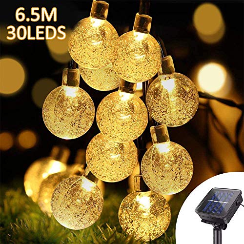 Guirnalda Luces Exterior Solar,Guirnaldas de Luces Solar Solares Cadena de Bombillas Las Luces 6.5M 30 LED Cadena de Luces Solar 8 Modos de Iluminación IP65 Impermeable blanco cálido
