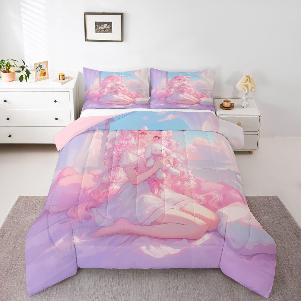 Erosebridal 3D Japanese Girl Bedding Sets Queen - Romance Style Comforter Set for Kids Adults Japanese Anime Girly Duvet Insert Anime Gifts Quilt
