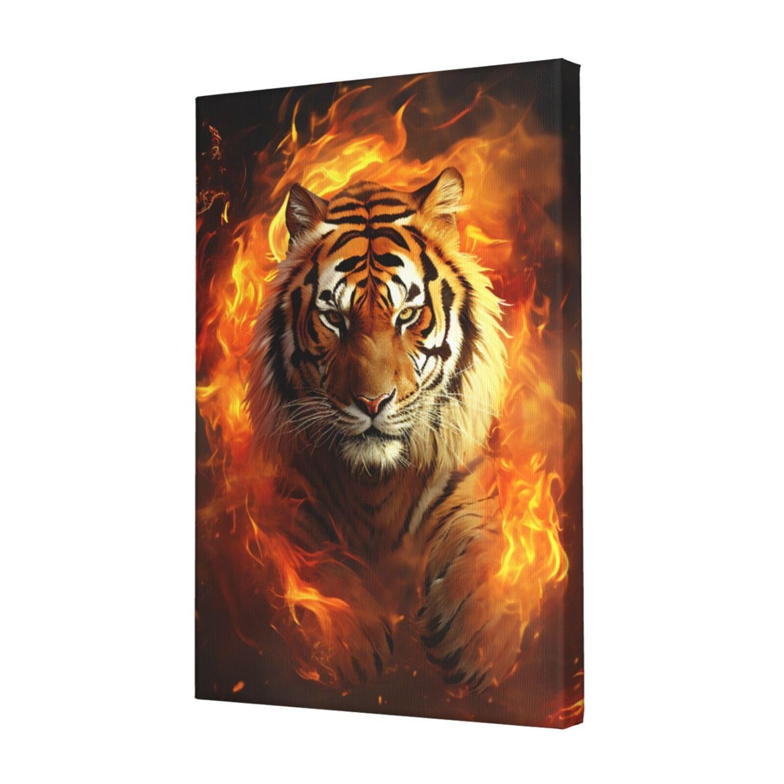 KLOPH Cool Tiger in Flame Canvas Wall Art for Living Room 12"x18" Modern Artwork Painting for Bathroom Hanging Canvas Prints Aesthetic Wallart for Bedroom Kitchen Office Wall Decor