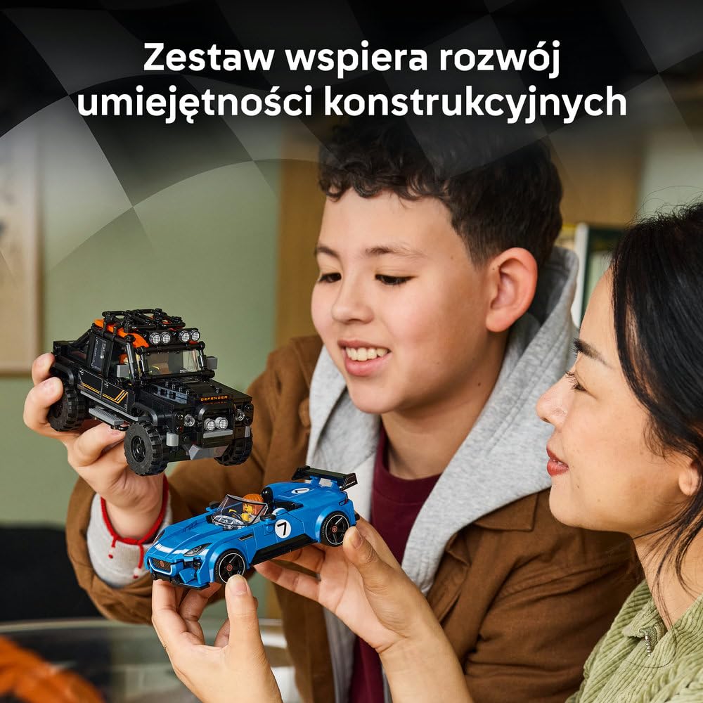 LEGO Speed Champions Jaguar Project 7 i Land Rover Defender 77264 | Model samochodu, zestaw klocków, prezent dla fana motoryzacji 10+, z minifigurką, 740 elementów