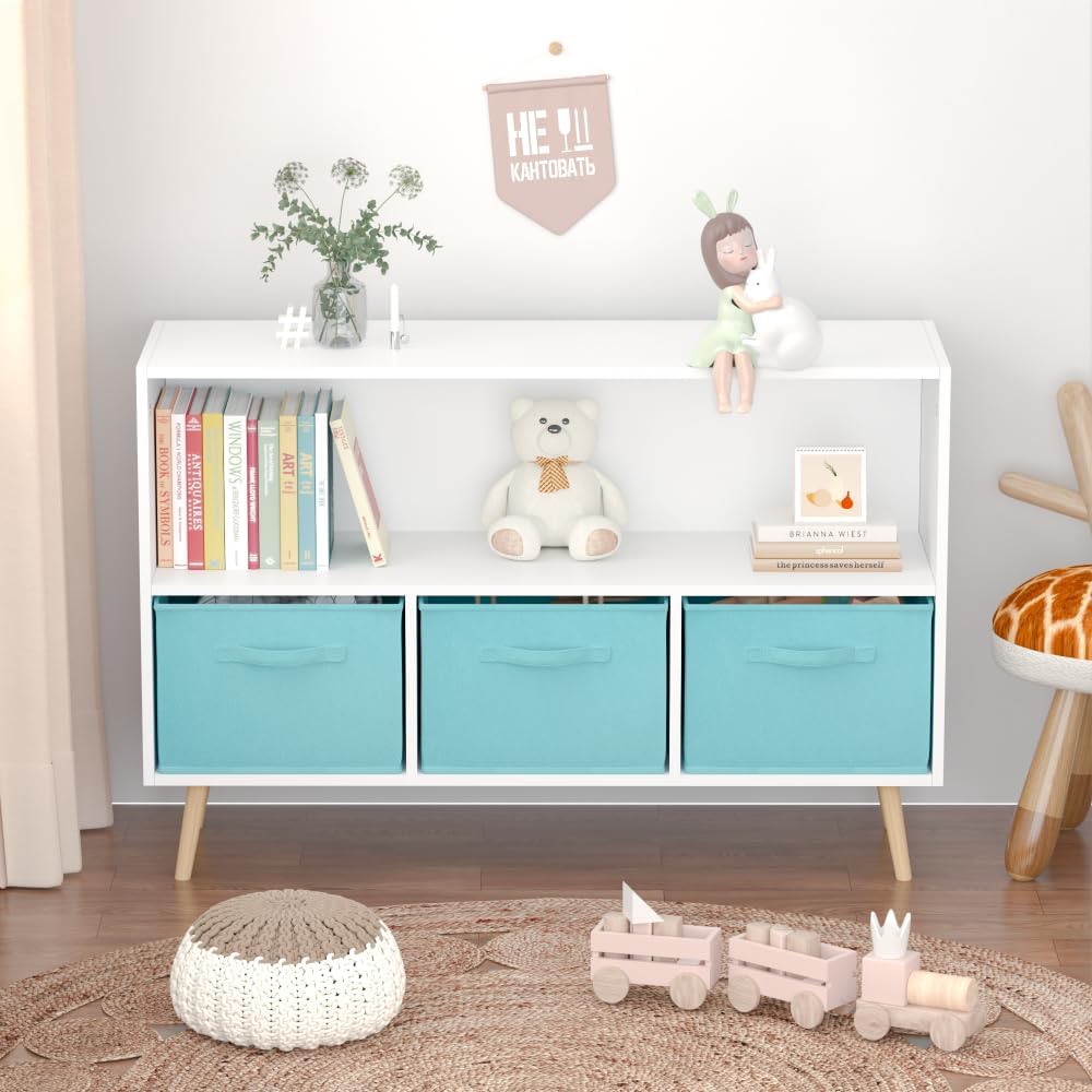 2-Tier Bookcase Bookshelf with Collapsible Fabric Drawers,Cute Book Display Storage Cabinet Organizer for Playroom Livingroom (White+Blue)