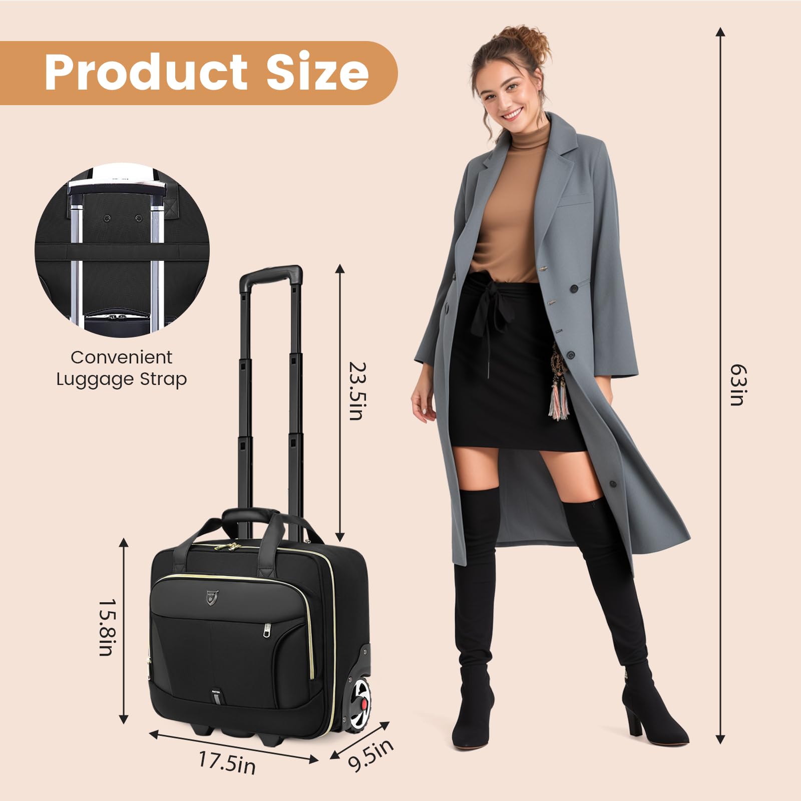 RUCYEN Maletín con ruedas para laptop, maletín con ruedas para hombres y mujeres, maletín para laptop con ruedas, bolsa de transporte para viajes de negocios, Cremallera negra y dorada, 17.3 inch