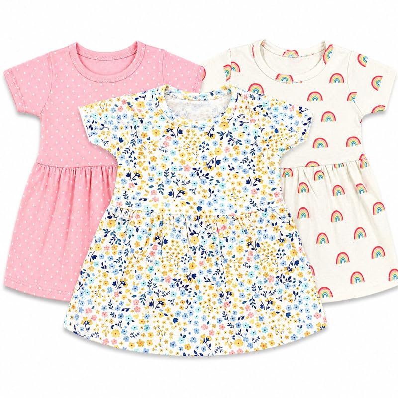 Image of EIO Girls Cotton Frock Dress Combo Pack et | Multicolor Knee Length Casual Dresses for Kids | Soft & Breathable Summer Wear Outfit Frock Set