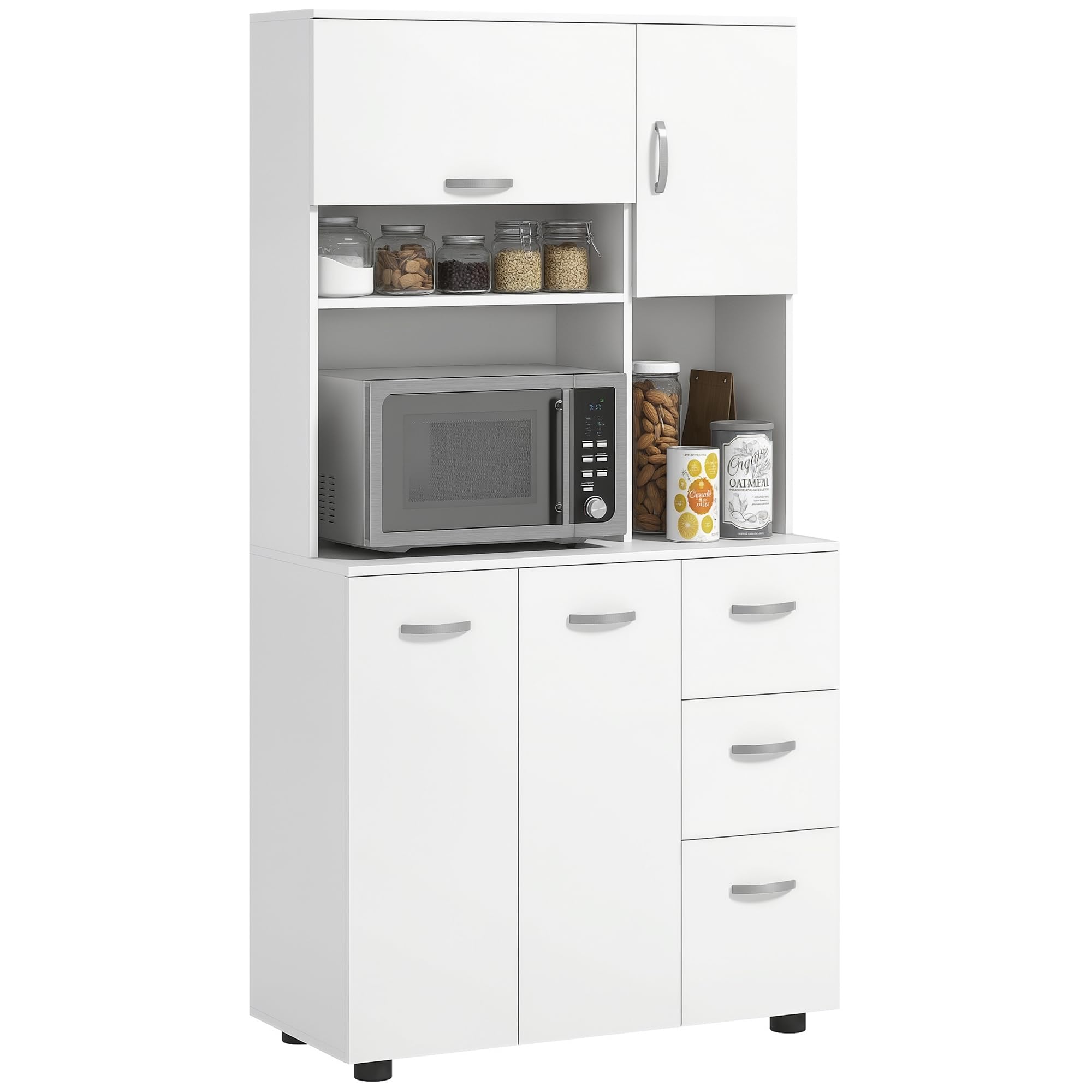 HOMCOM Küchenschrank Hochschrank mit 3 Offenen Fächern, 4 Türen und 3 Schubladen Buffetschrank Vitrinenschrank Mikrowellenschrank mit Verstellbaren Ablagen, Weiß, 89 x 39,5 x 168 cm