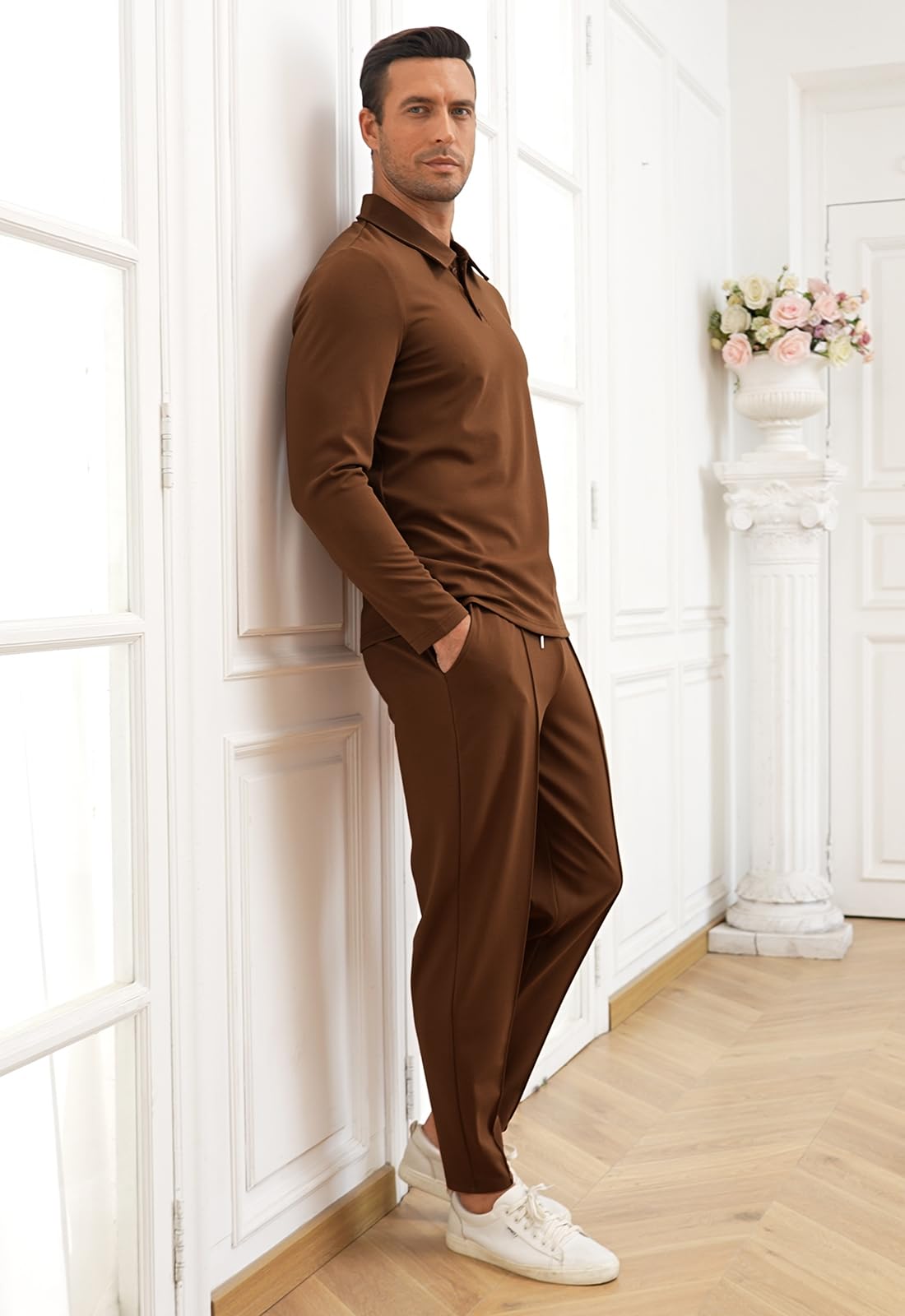 KUYIGO Tuta da uomo Polo 2 pezzi Completi a maniche lunghe Pullover Tuta Set Felpa e Joggers Waffle Top Pantaloni Casual Sport Activewear Golf Suit