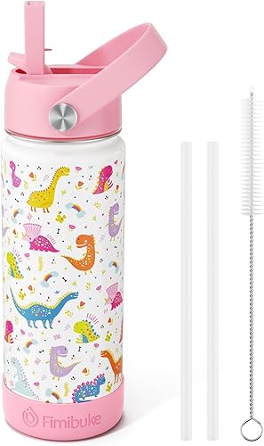 Fimibuke Botella de Agua Aislada para Niños, 18 onzas SIN BPA Taza para Niños de Acero Inoxidable 188 con Pajita Vaso de Viaje de Doble Pared al