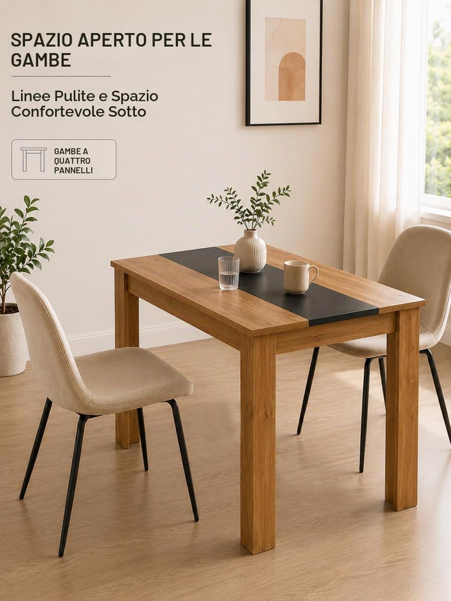 Tavolo da Pranzo Rovere Rettangolare Tavolo Cucina 110×70×75cm | Fascia centrale nera e gambe a forma di L con bordo spesso per uno stile industriale e una struttura stabile ogni giorno