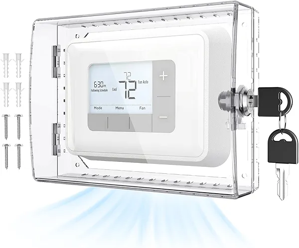 AUURIO Upgraded Thermostat Lock Box with Key, Large Space Thermostat Cover Seamless Anastomosis, Clear Decorative AC Lock Box Cover on Wall Fits Thermostats 4.8" H x 6" W or Smaller