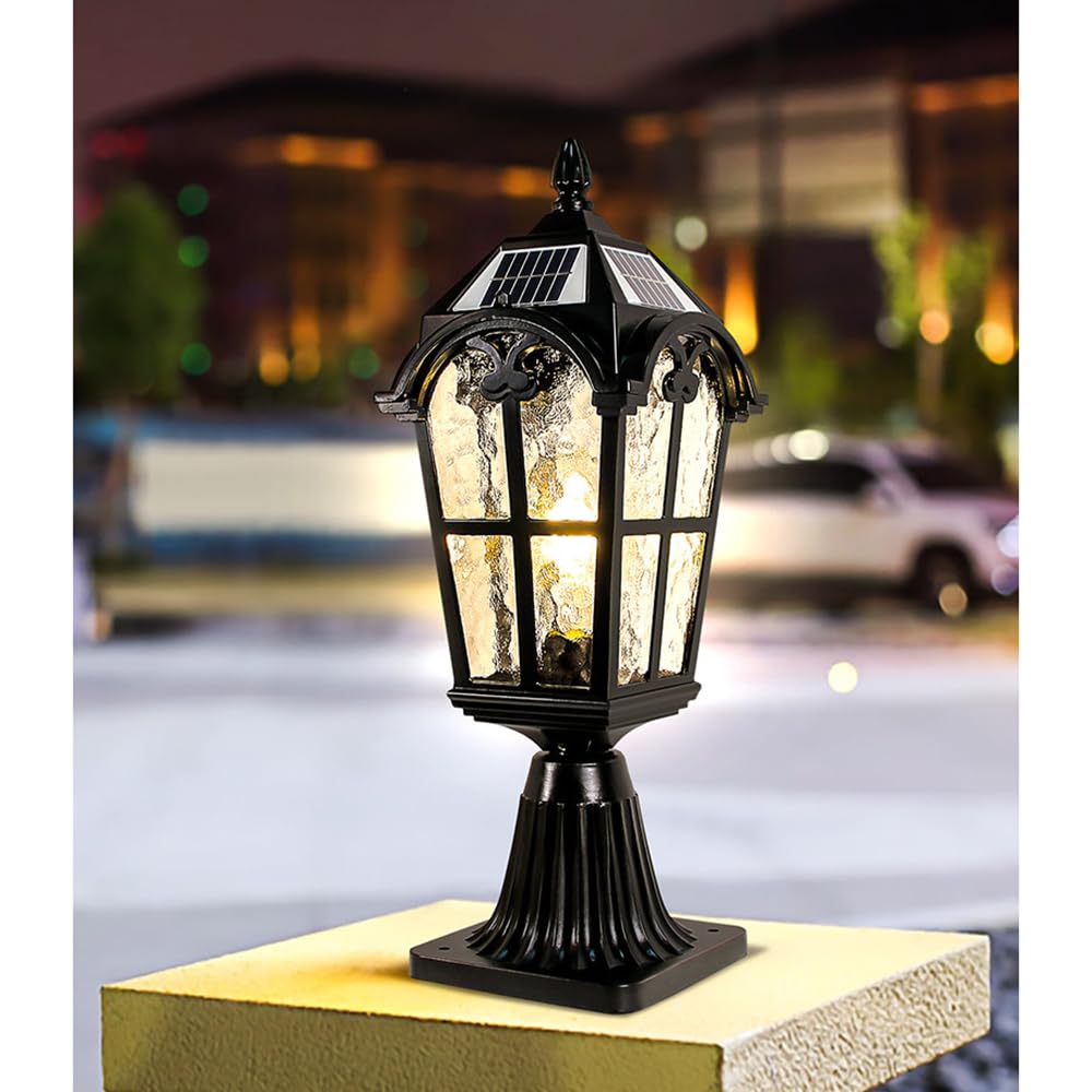 Lampa słoneczna do ogrodzenia ściennego górne czarne oświetlenie zewnętrzne do słupków tarasowych i ogrodowych Lampa solarna na filarze Vintage latarnia ogrodowa ze szkłem do dekoracji
