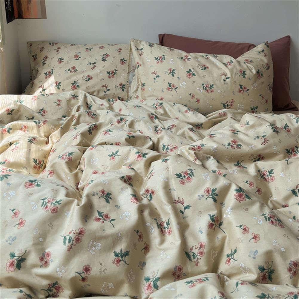Romantic Floral Duvet Cover Queen Size Brown Retro Flower Bedding Set 3 Pieces Kids Girls Cotton Spring Retro Botanical Garden Reversible Soft Breathable Comforter Cover with Zipper Closure