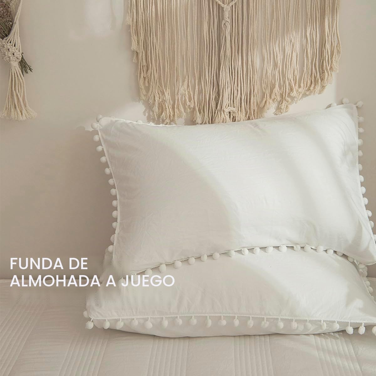 Juego de Funda Nórdica 220x230 cm Blanco Juego de Ropa de Cama Boho con Pompón Bohemia en Microfibra Suave con Funda de Almohada y Cremallera (Blanco, 220x230)