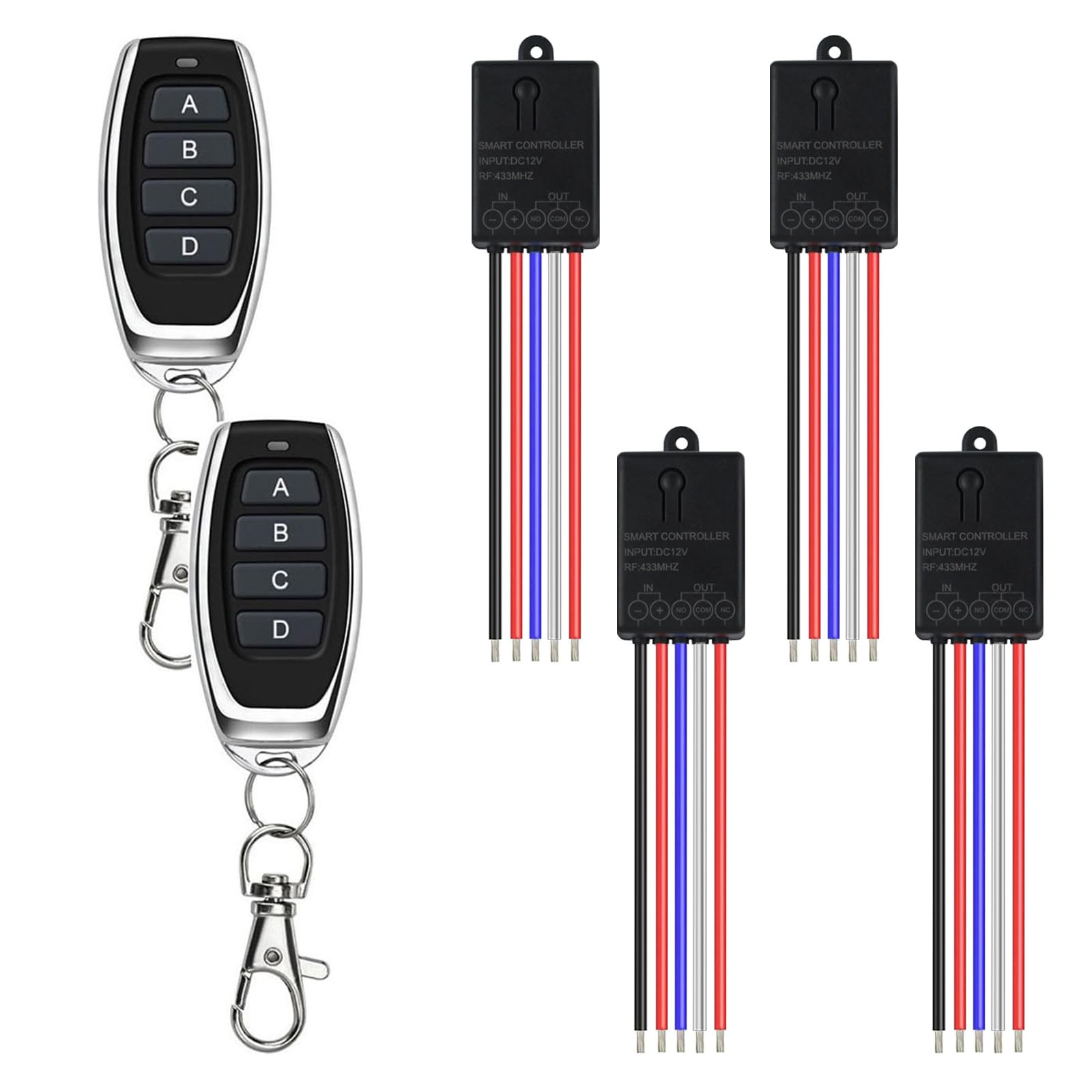 Interrupteur Sans Fil 12V, 4 Relais Radiocommandé avec 2 Télécommande, DC 5V/12V/24V 10A Commutateur a Distance Sans Fil, Longue Portée de 100m, pour Porte de Garage, Lampe, Moteur, Alarme Volée