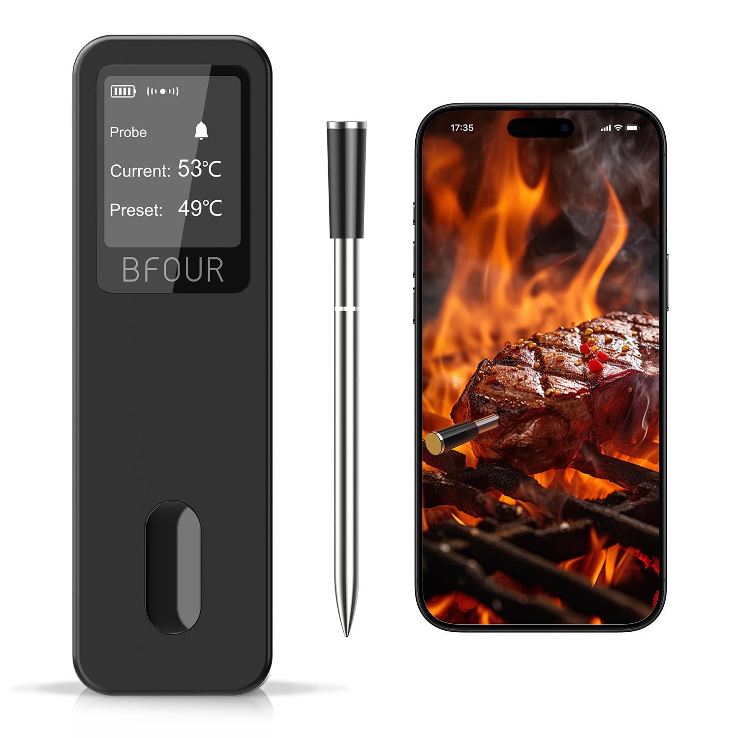 BFOUR BF-30 Pro, termometro per carne senza fili, display LCD Bluetooth, connessione app, 100% impermeabile, per barbecue, forno, affumicatura, arrosto ad aria