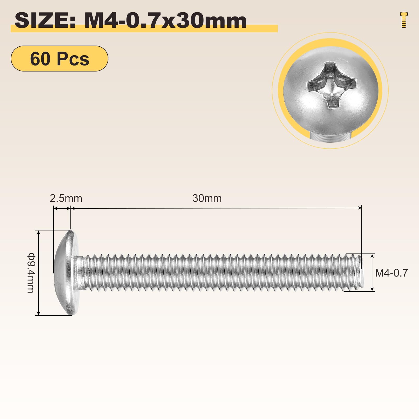 METALLIXITY Machine Screws Phillips Head(M4-0.7x30) 60Pcs, 304 Stainless Steel Round Head Phillips Drive Furniture Bolts - Image 2