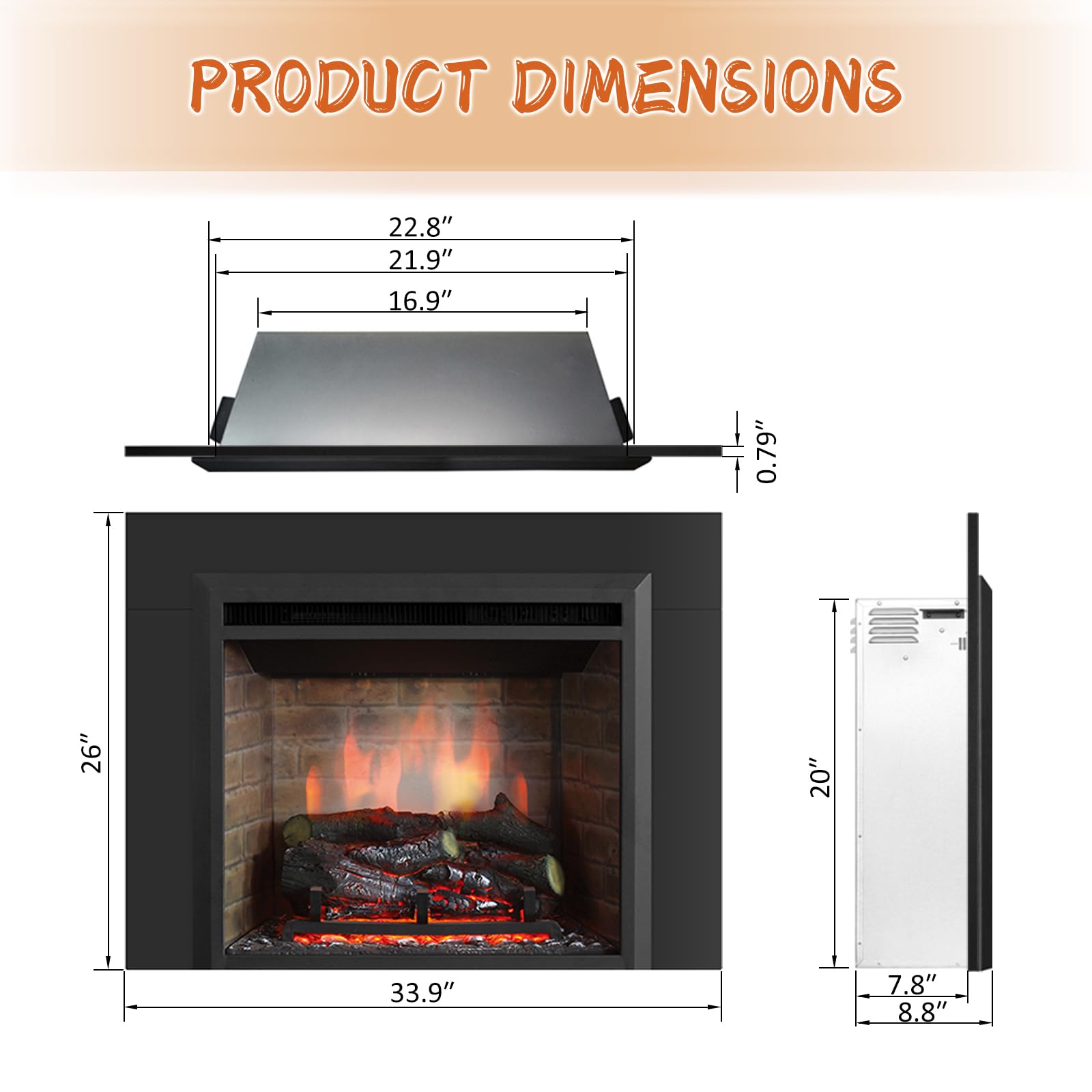 Amazon.com: PuraFlame Western 23 Electric Fireplace Insert with Trim Kit,  Fire Crackling Sound, Resin Log, Remote Control, 750/1500W Heater, Black :  Home u0026 Kitchen