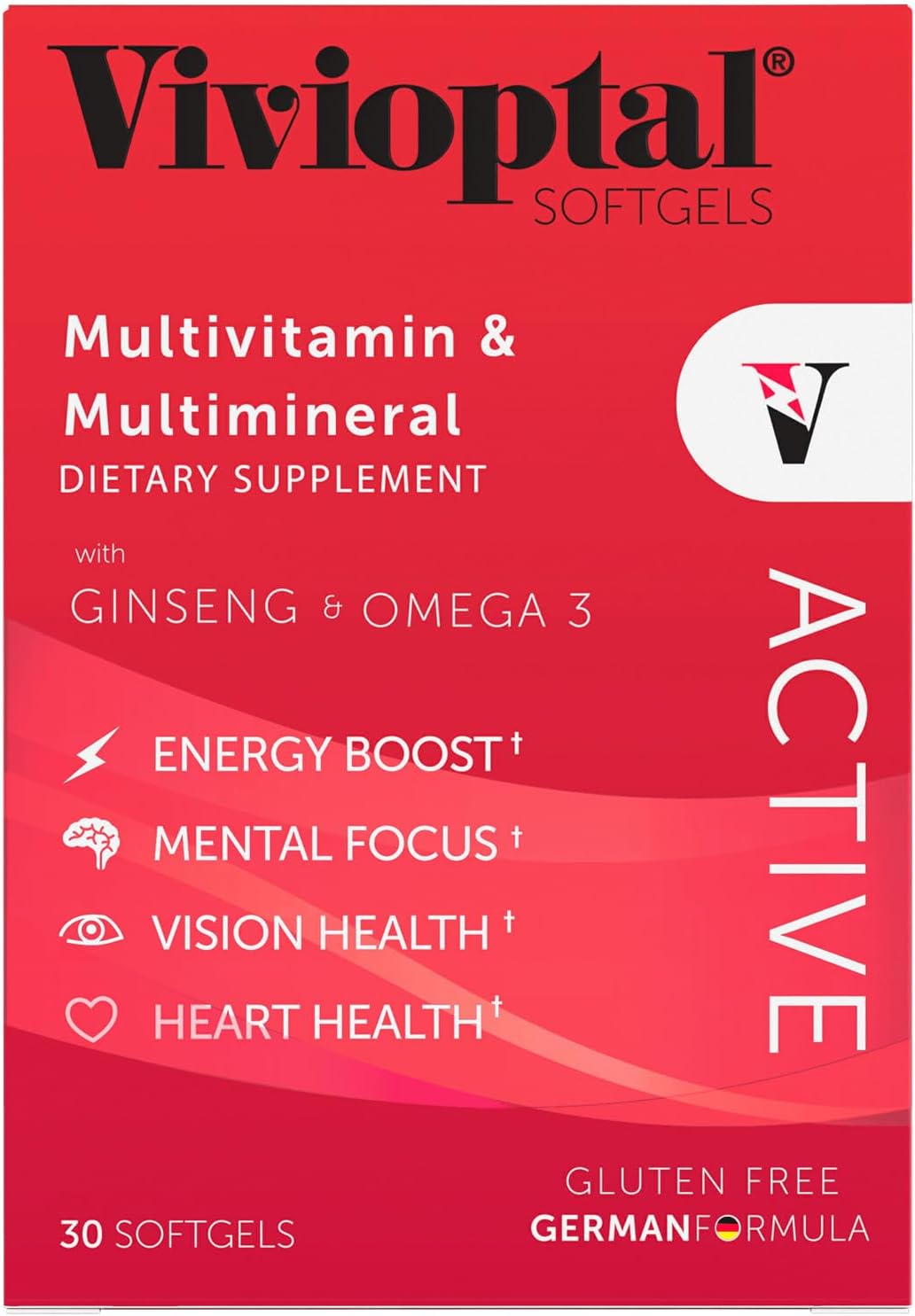 Vivioptal Active, 30 Softgels, Ginseng & Omega 3, Multivitamin & Multimineral, Gluten Free, German Formula