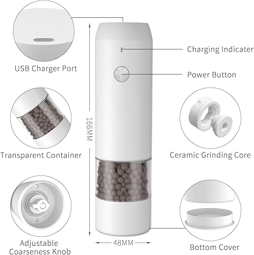 Miniatura 2 de Juego de 2 molinillo eléctrico de sal y pimienta, molinillo de pimienta y molinillo de sal recargable por USB, operación con una sola mano,