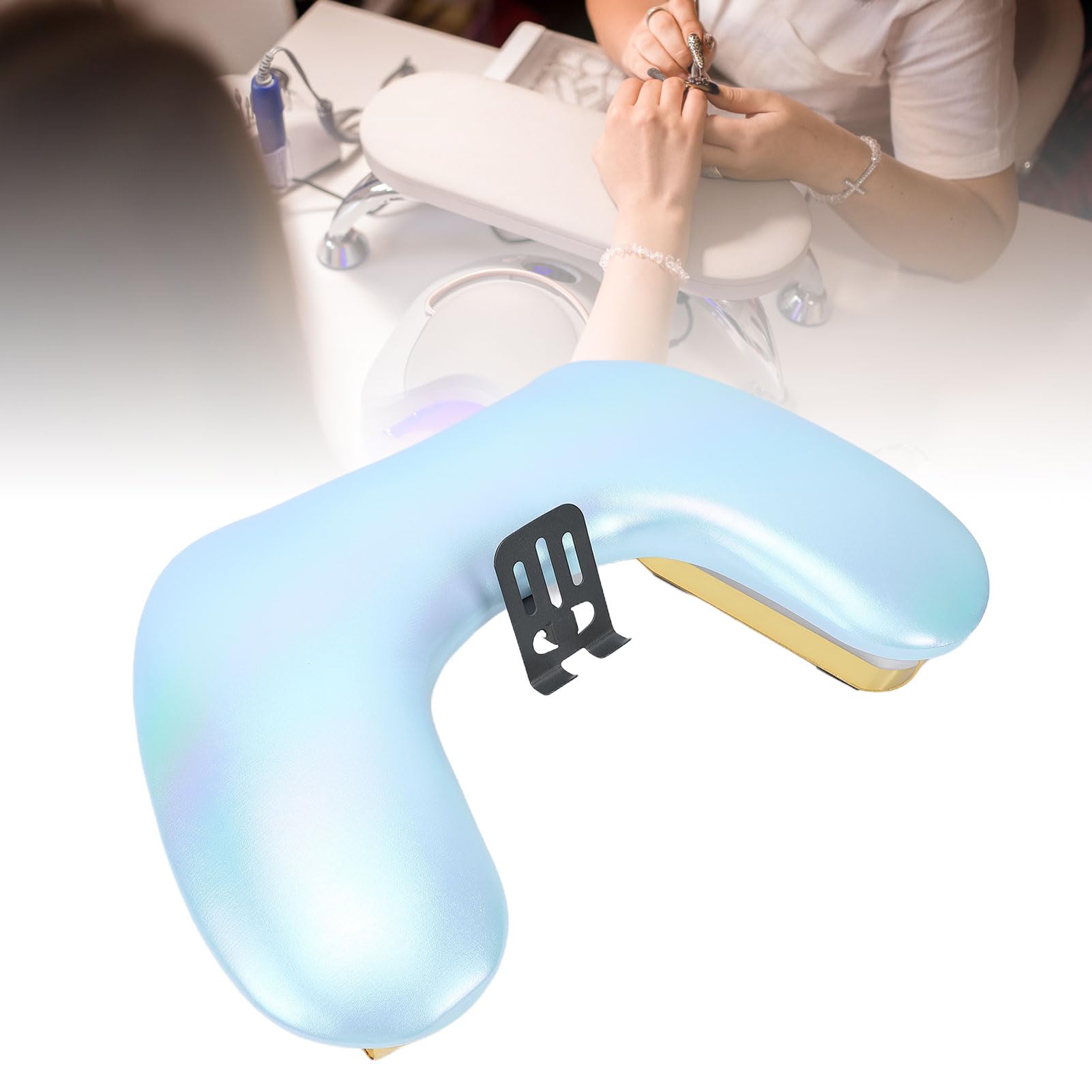 Reposabrazos ergonómico para uñas en forma de U, piel sintética, soporte ajustable para teléfono, cojín cómodo para manicura profesional y salón de belleza (cielo azul)